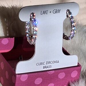 Lake + Gray Silver Cubic Zirconia Hoop Earrings  NWB
